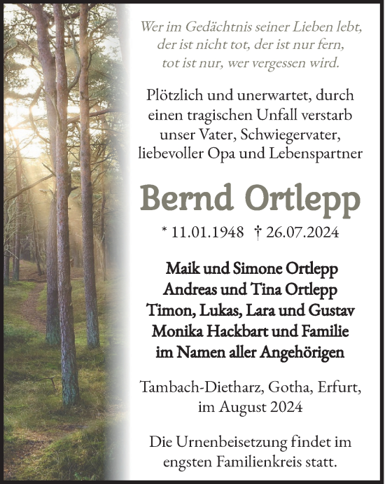 Traueranzeige von Bernd Ortlepp von Thüringer Allgemeine, Thüringische Landeszeitung