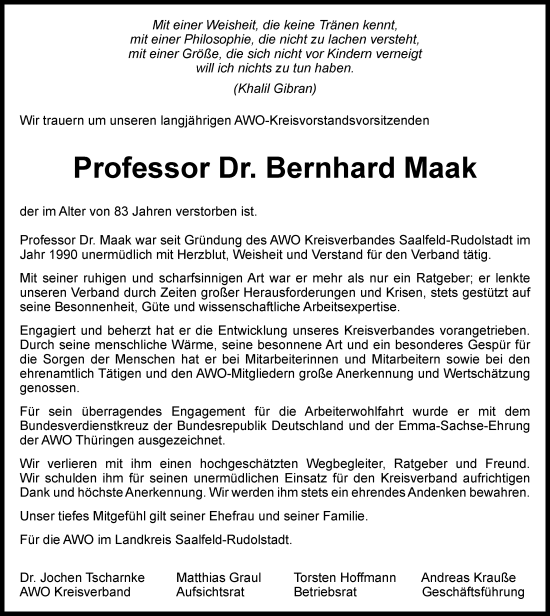 Traueranzeige von Bernhard Maak von Ostthüringer Zeitung