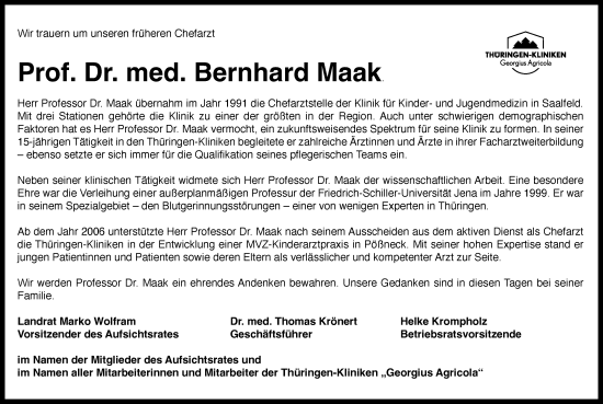 Traueranzeige von Bernhard Maak von Ostthüringer Zeitung