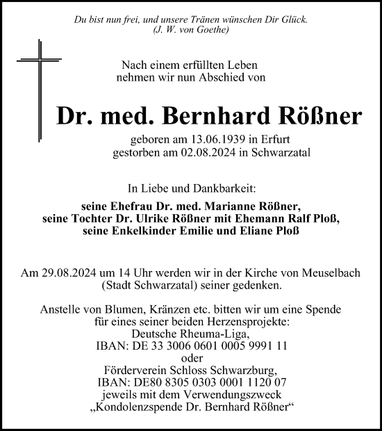 Traueranzeige von Bernhard Rößner von Thüringer Allgemeine, Thüringische Landeszeitung