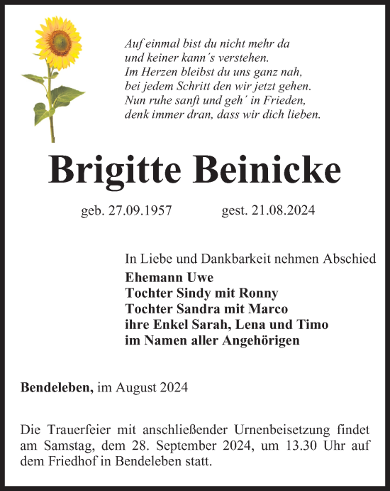 Traueranzeige von Brigitte Beinicke von Thüringer Allgemeine