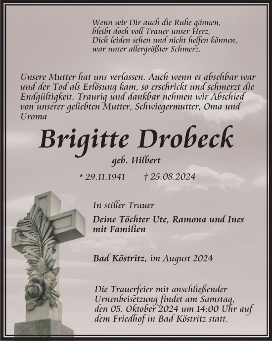 Traueranzeige von Brigitte Drobeck von Ostthüringer Zeitung