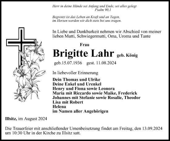 Traueranzeige von Brigitte Lahr von Ostthüringer Zeitung