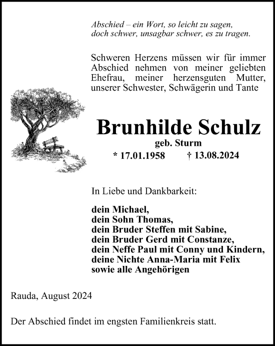 Traueranzeige von Brunhilde Schulz von Ostthüringer Zeitung