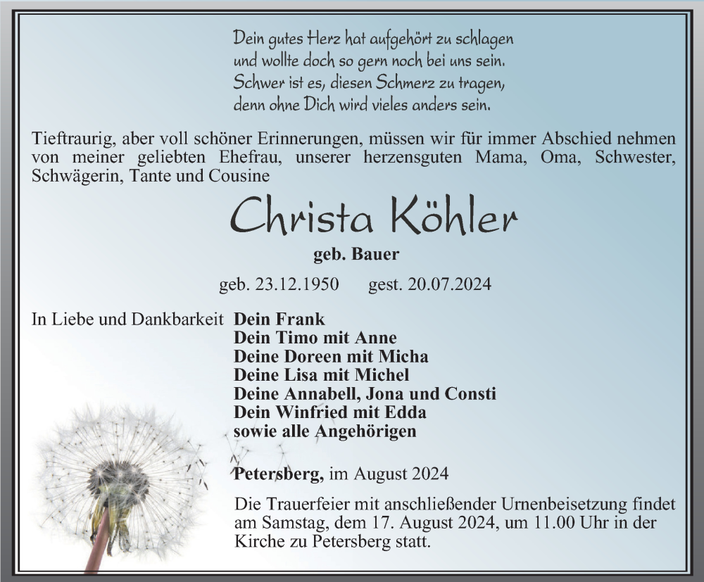  Traueranzeige für Christa Köhler vom 03.08.2024 aus Ostthüringer Zeitung