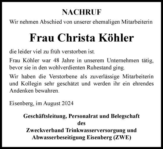 Traueranzeige von Christa Köhler von Ostthüringer Zeitung