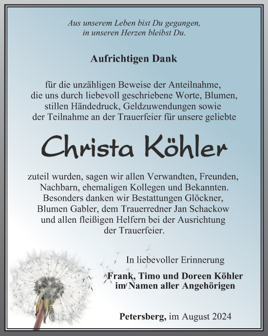 Traueranzeige von Christa Köhler von Ostthüringer Zeitung