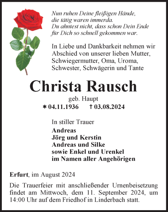 Traueranzeige von Christa Rausch von Thüringer Allgemeine, Thüringische Landeszeitung