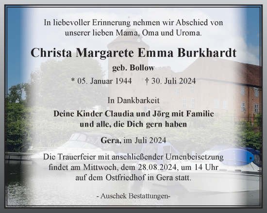 Traueranzeige von Christa Margarete Emma Burkhardt von Ostthüringer Zeitung