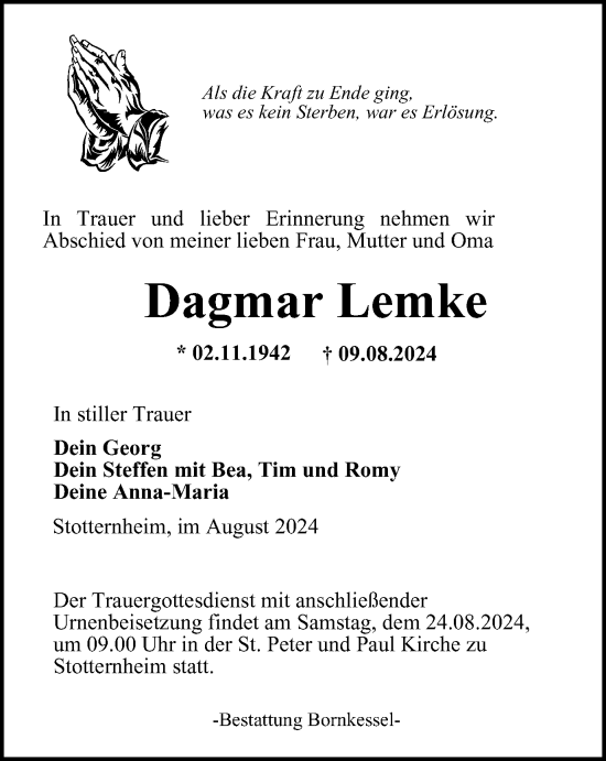 Traueranzeige von Dagmar Lemke