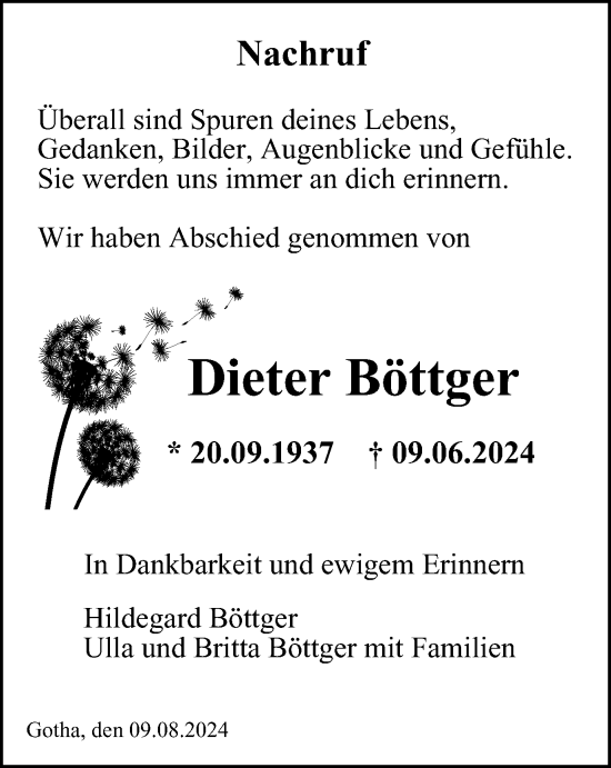 Traueranzeige von Dieter Böttger von Thüringer Allgemeine, Thüringische Landeszeitung