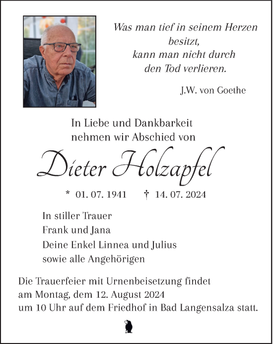 Traueranzeige von Dieter Holzapfel von Thüringer Allgemeine, Thüringische Landeszeitung