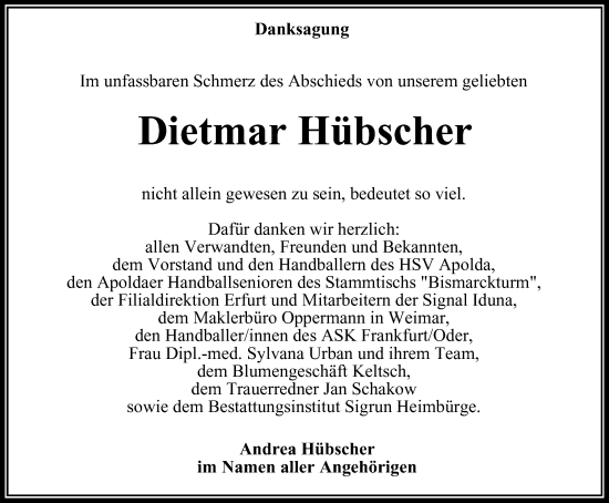 Traueranzeige von Dietmar Hübscher von Thüringer Allgemeine, Thüringische Landeszeitung