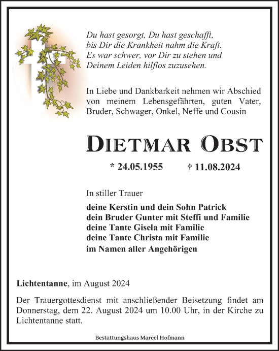 Traueranzeige von Dietmar Obst von Ostthüringer Zeitung