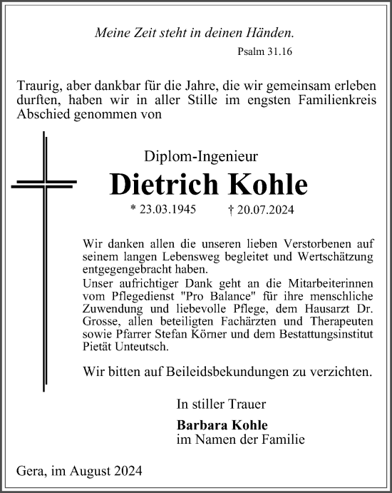 Traueranzeige von Dietrich Kohle von Ostthüringer Zeitung