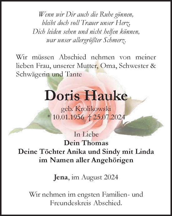 Traueranzeige von Doris Hauke von Ostthüringer Zeitung, Thüringische Landeszeitung