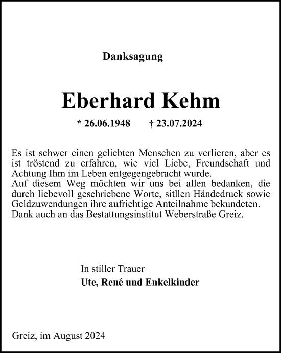 Traueranzeige von Eberhard Kehm von Ostthüringer Zeitung