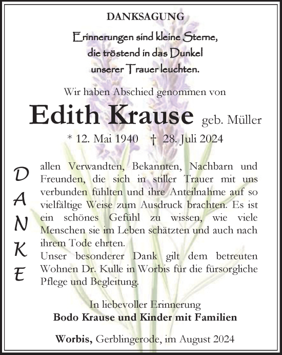 Traueranzeige von Edith Krause von Thüringer Allgemeine