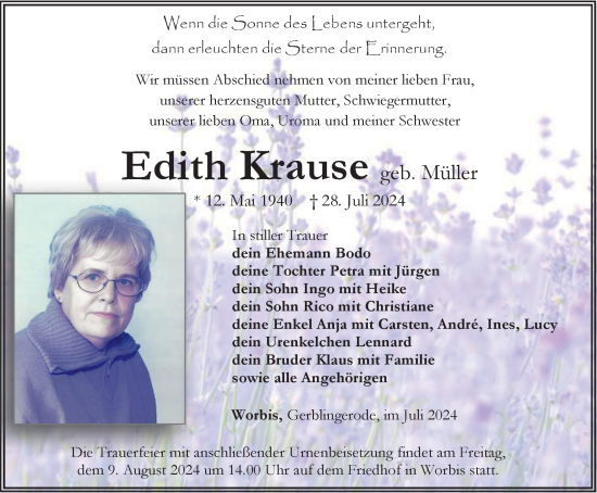 Traueranzeige von Edith Krause von Thüringer Allgemeine