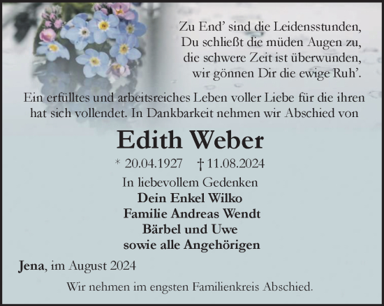 Traueranzeige von Edith Weber von Ostthüringer Zeitung, Thüringische Landeszeitung