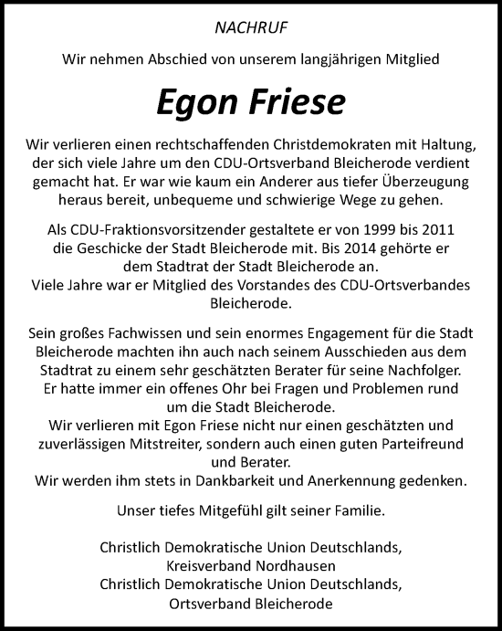 Traueranzeige von Egon Friese von Thüringer Allgemeine