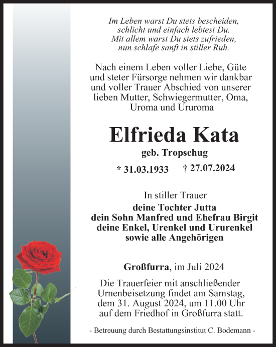 Traueranzeige von Elfrieda Kata