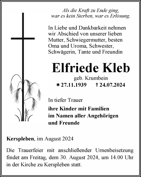 Traueranzeige von Elfriede Kleb von Thüringer Allgemeine, Thüringische Landeszeitung