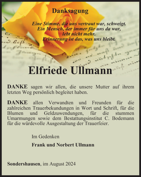 Traueranzeige von Elfriede Ullmann von Thüringer Allgemeine