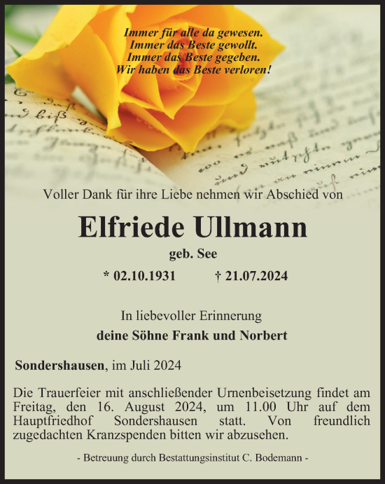 Traueranzeige von Elfriede Ullmann von Thüringer Allgemeine