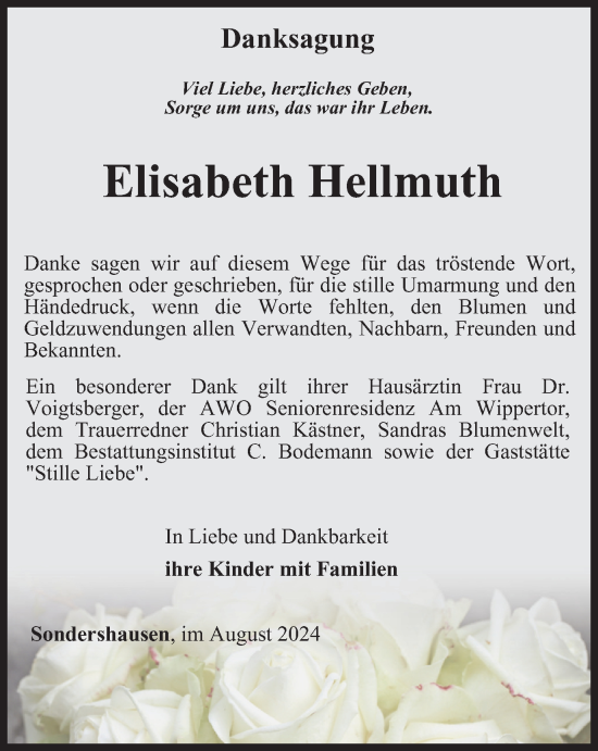 Traueranzeige von Elisabeth Hellmuth von Thüringer Allgemeine