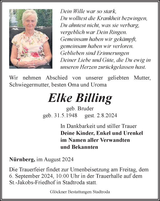 Traueranzeige von Elke Billing von Ostthüringer Zeitung