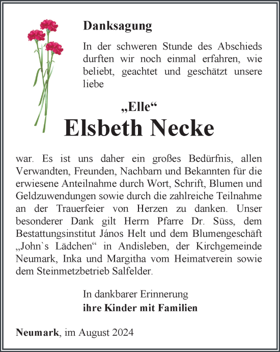 Traueranzeige von Elsbeth Necke von Thüringer Allgemeine, Thüringische Landeszeitung