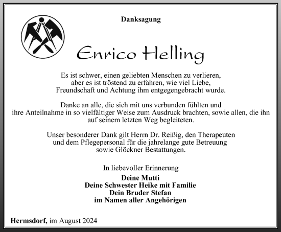 Traueranzeige von Enrico Helling von Ostthüringer Zeitung