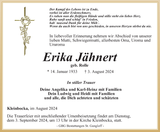 Traueranzeige von Erika Jähnert von Ostthüringer Zeitung