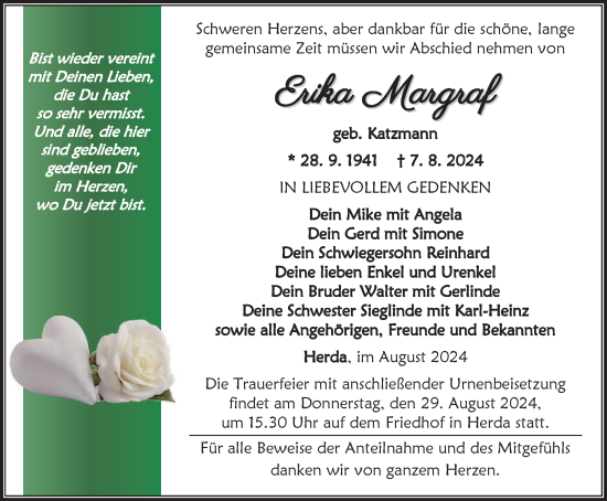 Traueranzeige von Erika Margraf von Thüringer Allgemeine, Thüringische Landeszeitung