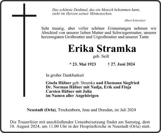 Traueranzeige von Erika Stramka von Ostthüringer Zeitung