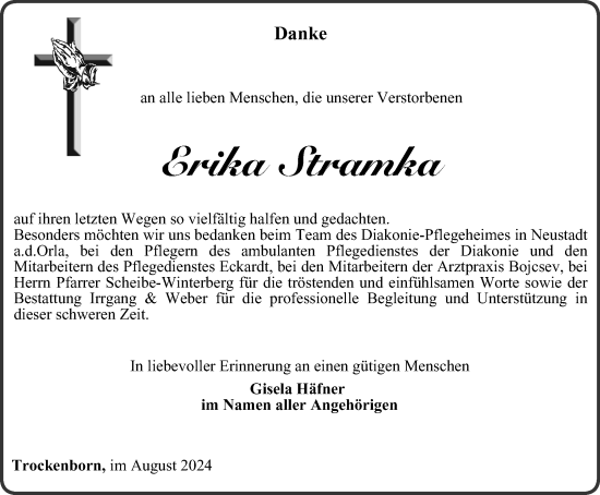 Traueranzeige von Erika Stramka von Ostthüringer Zeitung