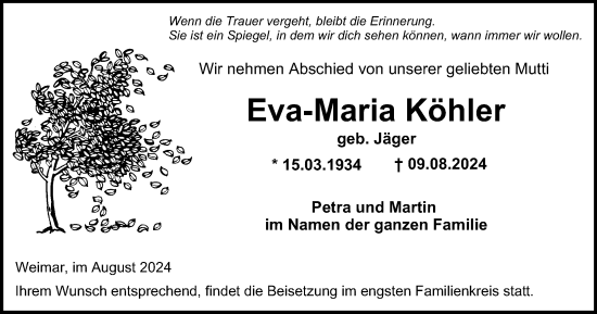 Traueranzeige von Eva-Maria Köhler von Thüringer Allgemeine, Thüringische Landeszeitung