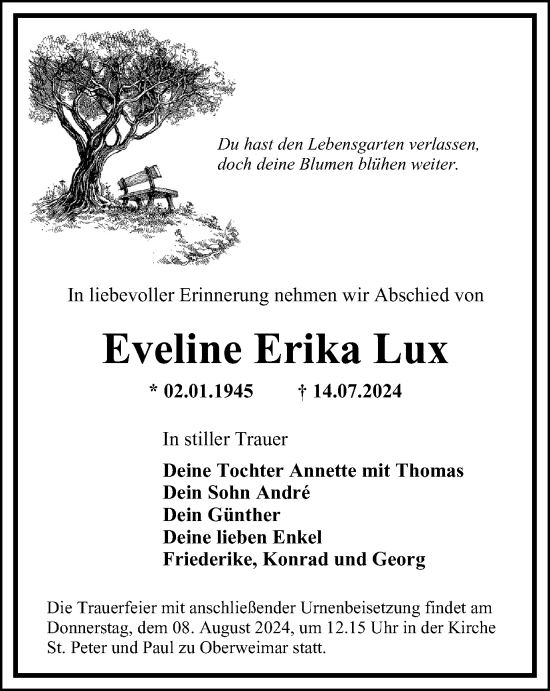 Traueranzeige von Eveline Erika Lux von Thüringer Allgemeine, Thüringische Landeszeitung