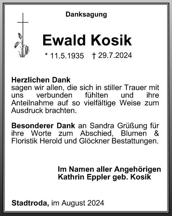 Traueranzeige von Ewald Kosik von Ostthüringer Zeitung