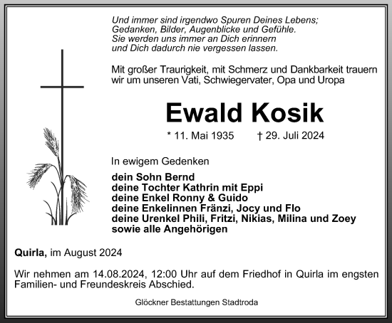 Traueranzeige von Ewald Kosik von Ostthüringer Zeitung