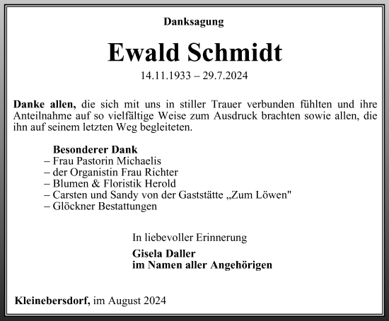 Traueranzeige von Ewald Schmidt von Ostthüringer Zeitung