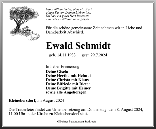 Traueranzeige von Ewald Schmidt von Ostthüringer Zeitung