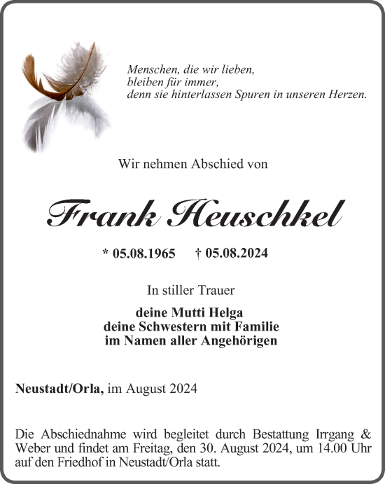 Traueranzeige von Frank Heuschkel von Ostthüringer Zeitung