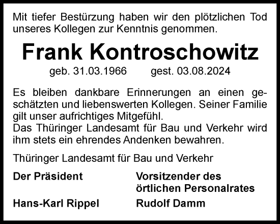 Traueranzeige von Frank Kontroschowitz von Thüringer Allgemeine, Thüringische Landeszeitung