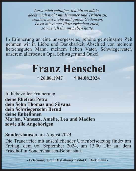 Traueranzeige von Franz Henschel