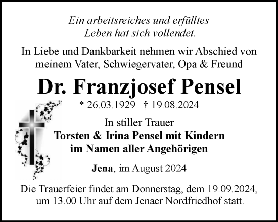 Traueranzeige von Franzjosef Pensel von Ostthüringer Zeitung, Thüringische Landeszeitung