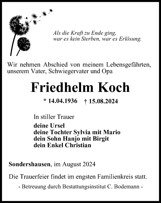 Traueranzeige von Friedhelm Koch