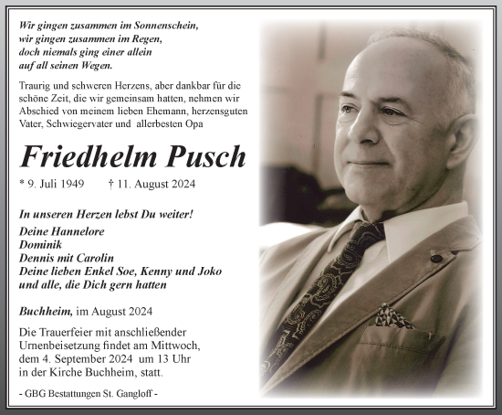 Traueranzeige von Friedhelm Pusch von Ostthüringer Zeitung