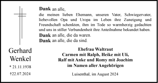 Traueranzeige von Gerhard Wenkel von Thüringer Allgemeine, Thüringische Landeszeitung